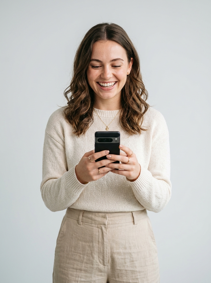 Smiling user holding smartphone